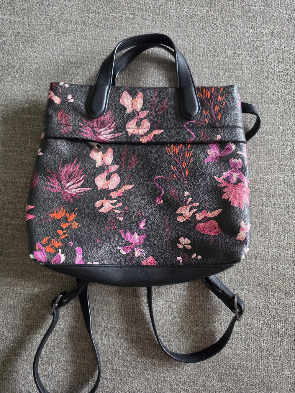 Floral Print Black Backpack Tote - Pink & Orange Accents